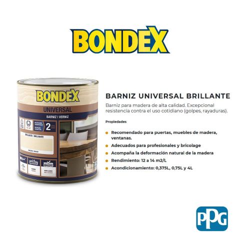 BONDEX BARNIZ UNIVERSAL BRILLANTE ROBLE MEDIO 0,375L
