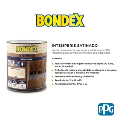 BONDEX BARNIZ INTEMPERIE SATINADO INCOLORO 0,75L