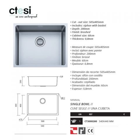 *CTESI FREGADERO MINIMAL 1 SENO 540X440X200 MM