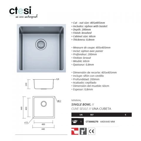*CTESI FREGADERO MINIMAL 1 SENO 440X440X200 MM